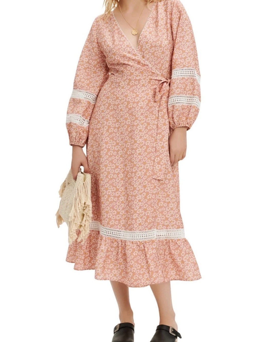 Maje Peach Floral Wrap Midi Dress with Lace Trim